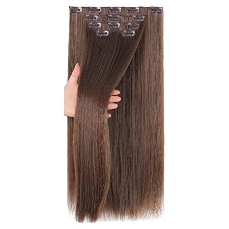 Women Hair Extension Full Head Wig 22 Inch Long Natural Straight Light Brown Hair Pieces with 5 Clip Wig Cheap Fluffy & Not Tangled Women and Girls (10#-Straight)-image-15