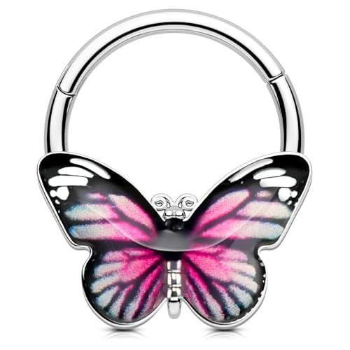 OUFER Butterfly Septum Rings, 16G Daith Septum Piercing Jewelry, Hinged Segment Clicker Daith Helix Cartilage Earrings for Women Men-Blue/Pink Pink 16G 10MM