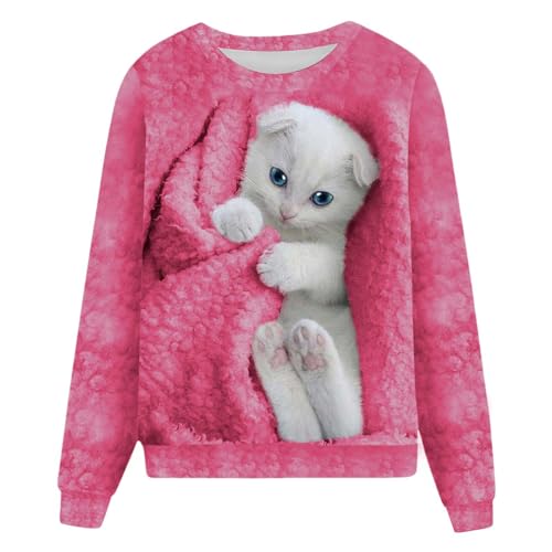 Sweat-shirt chat mignon pour femme au col rond et coupe ample décontractée