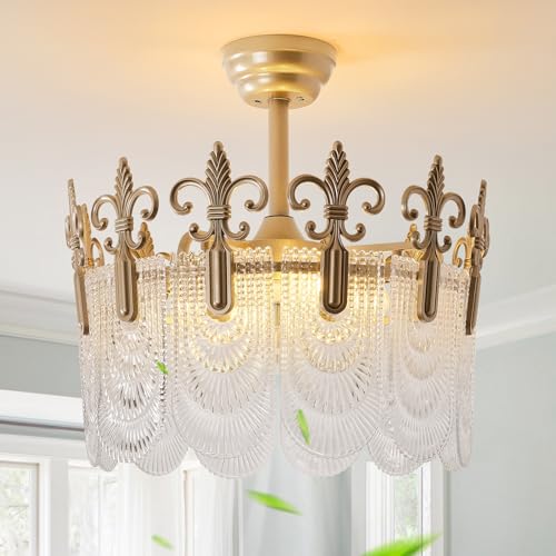 Image of Gold Crystal Fandelier Ceiling Fan with Light,20 inch Gold French Chandelier Ceiling Fans with Lights Remote Control, Morden Mid-Century Caged with 6 Speeds for Bedroom, Nursery, Living Room