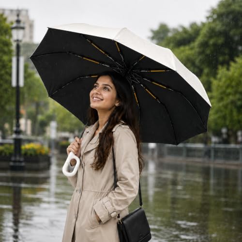 Image of Vasukie Compact Travel Umbrella with Ergonomic C-Shaped Handle, Wind Resistant Folding Umbrella for Men & Women, Lightweight Portable Umbrella for Travel, Office & Daily Use