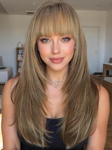 AISI HAIR 【Beginner Friendly Wigs】 Brown Highlight Wig with Bangs