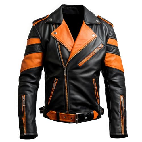 Men’s Stylish Moto Racing Orange Black Asymmetrical Lapel Collar Slim Fit Belt Riding Real Leather Jacket Streetwear