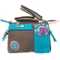 Macha Bolso pequeño de algodón étnico con estampados coloridos e inserciones de cuero, Bolso de hombro de algodón y cuero indio étnico para mujer. (Turquesa)