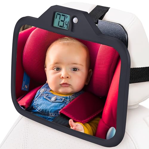 Image of Theromirror - Baby Car Mirror with Temperature Display, Rear Facing Car Seat Mirror, Newborn Essentials, Wide Angle (Black)