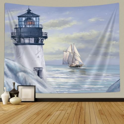 Jipusai Blue Ocean Lighthouse Tapestry For Bedroom Livingroom Decor, Lighthouse And Sailboat Wall Hanging Tapestry,Retro Nautical Wall Decor Poster Blanket Decor Accessories 60X40 In thumb #3