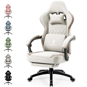 Dowinx Gaming Stuhl Stoff, Massage Gaming Sessel mit Fußstütze, Ergonomischer PC Stuhl Gamer Stuhl Bürostuhl 150 kg belastbarkeit, Beige