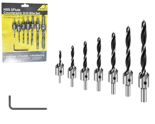 Image of Inditrust Countersink Drill Bits Set (7 Pcs) - HSS Counter Sink Bit Set for Wood with Adjustable Depth Stopper & Free Hex Key Wrench | Woodworking Carpentry Chamfer Drill Bits