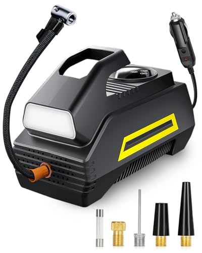 motomoyo Inflador de Ruedas 12V, Compresor de Aire Portátil con Pantalla LCD y Luz LED, Auto Parada, 35L/M Flujo Rápido, Cable de 2.8m para Coche, Moto, Bicicleta, Pelotas