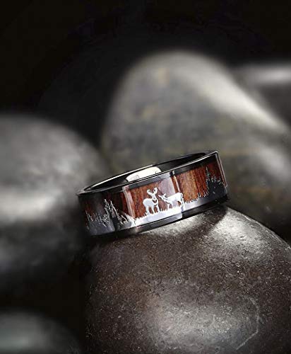 Metal Masters Men's Co. Black Tungsten Hunting Ring Wedding Band Wood Inlay Deer Stag Silhouette2