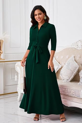 Image of Runwind Women Church Maxi Dresses 3 /4 Sleeve Button Down Print Casual Office Dress African