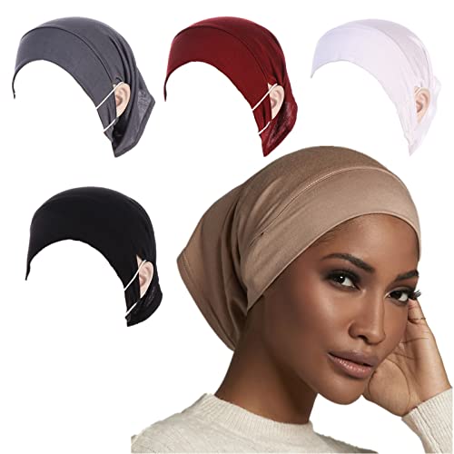 Cntqiang 4 Pieces Muslim Hijab Undercap with Ear Hole Underscarf Inner Cap Jersey Hijabs Tube Bonnet CapsÂ Turban Black