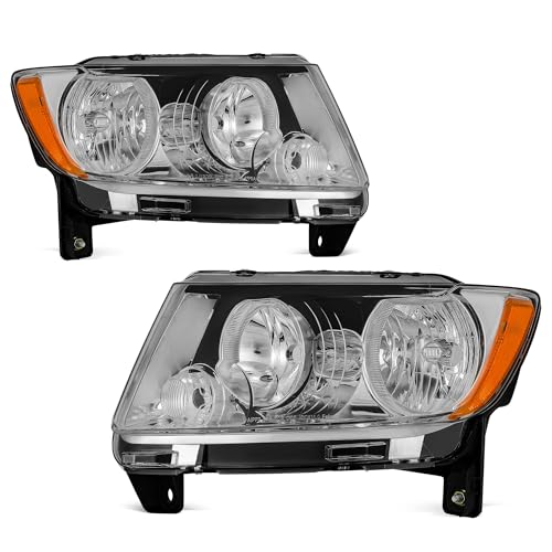 AUTOSAVER88 Headlight Assembly Compatible with 2011 2012 2013 11-13 Grand Cherokee Replacement Headlamp Chrome Housing Amber Reflector Clear Lens