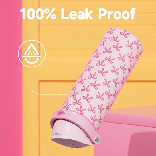 Image of 24 oz Insulated Water Bottle for Women: Meoky Stainless Steel Metal Water Bottle with 2-in-1 Straw and Spout Lid - Leak Proof, Cold for 24 Hours, Protective Silicone Base, BPA-Free for School, Bow