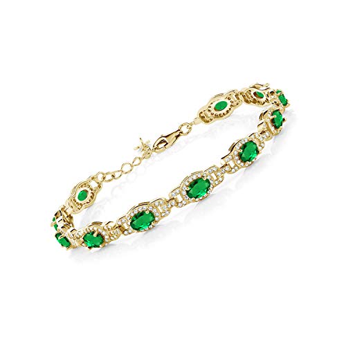 Gem Stone King 18K Yellow Gold Plated Silver Green Simulated Emerald Tennis Bracelet For Women (8.00 Cttw, Oval 6X4MM, 7 Inch With 1 Inch Extender)