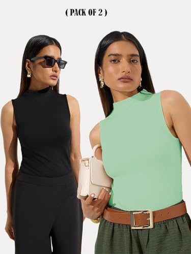 Image of KOTTY Women's Sleeveless High Neck Ribbed Tank Top Combo Pack of 2 Stylish Casual & Office Wear Tops