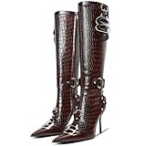 LACIKOSZ Knee High Boots for Women, Pointed Toe Slim Calf Tall Sexy High Heel Crocodile Boots with Slide Zipper, Stiletto Heel Long Boots with Buckle Rivets