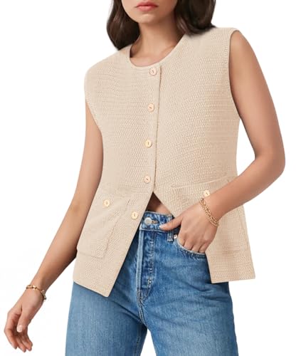 Image of Yousify Womens Sweater Vest Sleeveless Button Down Round Neck Knitted Tank Tops Casual Cardigan with Pockets