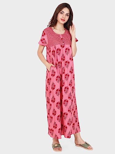 Image of Evolove Women's Cotton Long Maxi Night Gown Nighty Dress with Pocket & Stylish Button, Super Soft Comfortable (LNG-Button)