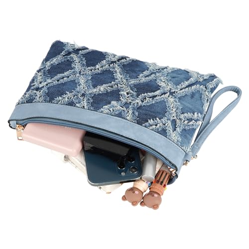 Image of Women Denim Wristlet Clutch Purses Wallet Envelope Handbag PU Leather Quilted Distressed Zipper Satchel