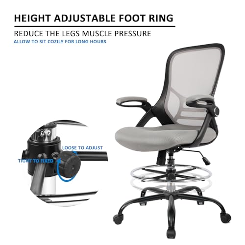 Image of HYLONE Drafting Chair, Tall Office Chair Standing Desk Chair Grey Mesh High-Back Drafting Stool with Flip-Up Arms, Adjustable Foot Ring