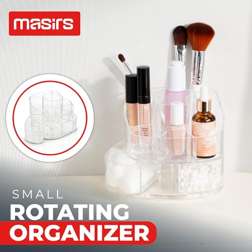 Image of Masirs 360-Degree Rotating Makeup Organizer - Small Acrylic Cosmetic Storage Caddy with 5 Compartments, Mini Lazy Susan Vanity Organizer for Bathroom Counter, Skincare, Perfume, Brushes, Clear