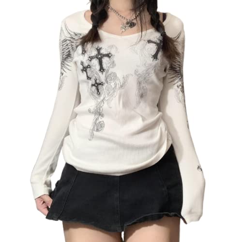 Image of Women Fairy Grunge Aesthetic Shirts Tops Long Sleeve V Neck Tops Girl Basic Slim Fit Blouse Streewear