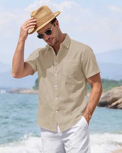 Image of J.VER Mens Linen Shirt Short Sleeve Button Down Casual Summer Shirts | Cotton Linen, Untucked, Big Tall, from Beach Camp Vacation, Cruise Fishing, Work Office, to Wedding Party Family, with Pocket