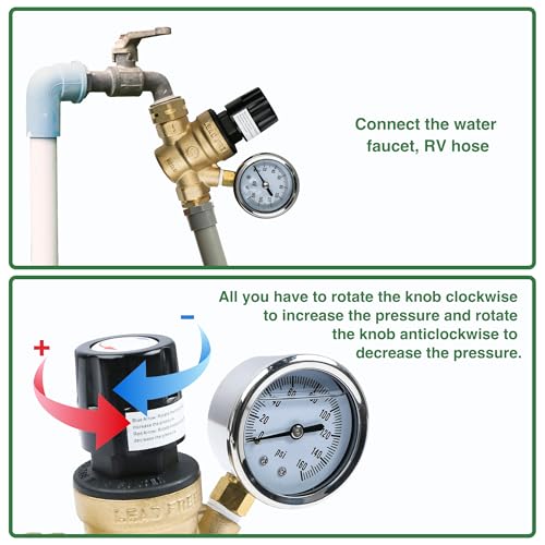 Image of U.S. Solid 3 /4 in GHT RV Water Pressure Regulator, Handwheel-Adjustable Lead-Free Brass Valve with 0-160 psi Gauge and Inlet Filter, for RV Camper Trailer and Garden Hose