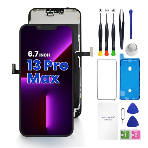 Genverdix for iPhone 13 Pro Max Screen Replacement 6.7 inch 3D Touch LCD Display Full HD Repair kit Digitizer Assembly with Tools Set Tempered Glass Screen Protector Waterproof Frame Adhesive