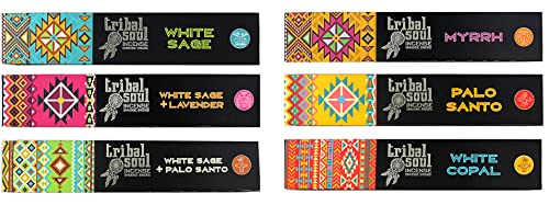 Tribal Soul Incense Sticks - Set Of 6 Different Packs - White Sage, White Sage & Lavender, White Sage & Palo Santo, White Copal, Myrrh, Palo Santo - 90 Grams Total #TOP11