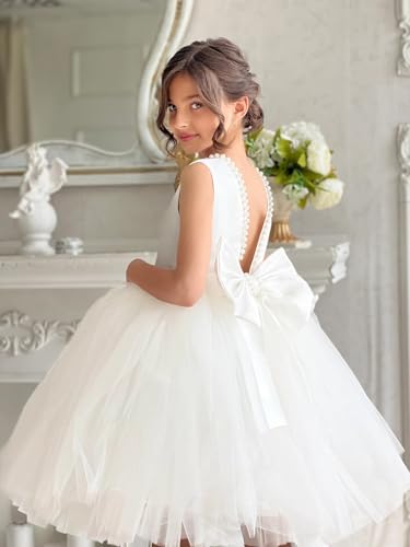Flower Girls Dresses for Summer Pearls Puffy Pageant Dress for Wedding Princess Party Dresses with Bowknot PT1282