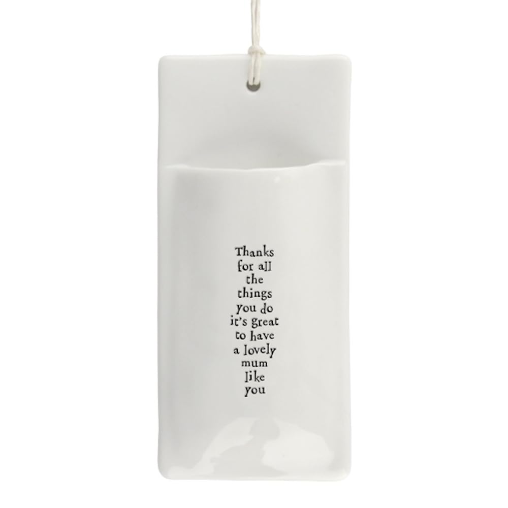 East Of India White Small Indoor Porclein Long Hanging Wall Flower Vase Little Modern Home Ornament Decoration 'Lovely Mum'