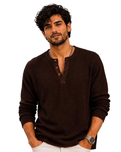 Image of AUSK Men's Waffle Knit Henley T-Shirt | Cotton Blend Full Sleeve Textured Casual T Shirt | Regular Fit Button Placket Round Neck Tshirt for Men