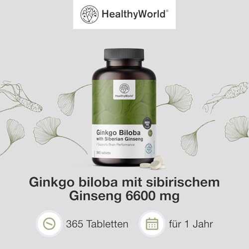 HealthyWorld Ginkgo Biloba mit sibirischem Ginseng 6600 mg - Hochdosiert - Unterstützung der kognitiven Funktion - 365 Tabletten für einen Jahresvorrat - Ginkgo-Extrakt 50:1 (120 mg) & 10:1 (60 mg)