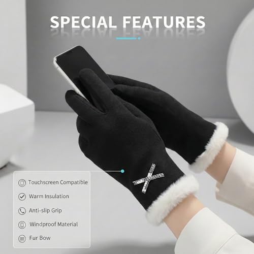 Image of Kraptick Women's Winter Woolen Gloves-Premium Thermal Fleece Lined Touchscreen Hand Warmer Gloves for Cold Weather, Cycling & Driving Soft Fur Cable Knit Elastic Mittens (Free Size, butterfly)(Gray)-8