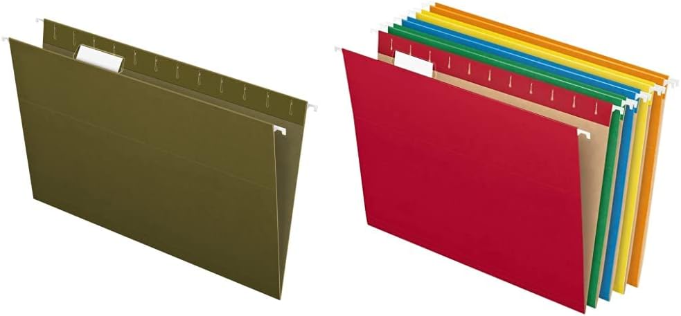Pendaflex Recycled Hanging Folders, Legal Size, Standard Green, 1/5 Cut, 25/BX (81622) & Hanging File Folders, Letter Size, Assorted Colors, 1/5-Cut Adjustable Tabs, 25 Per Box (81663)