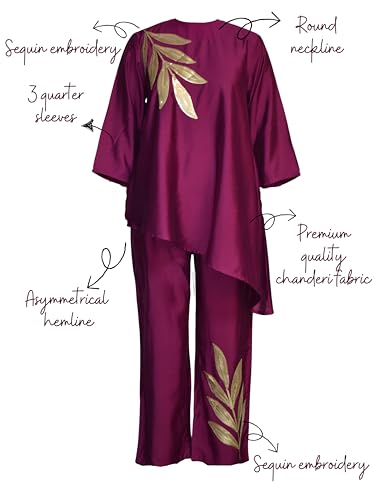 Image of Women's Magenta Chanderi Sequin Embroidered Co-ord Set | Round Neck 3 /4 Sleeve Asymmetric Top with Trousers | Festive Co-ord for Party, Wedding