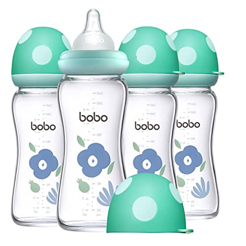 Image of YOHKOH Natural Glass Baby Bottle with Level 2 Medium Flow Nipple, Newborn Anti-Colic Baby Bottles, Wide Neck Mushroom Baby Glass Bottle (Blue, (8.8oz (Pack of 4))