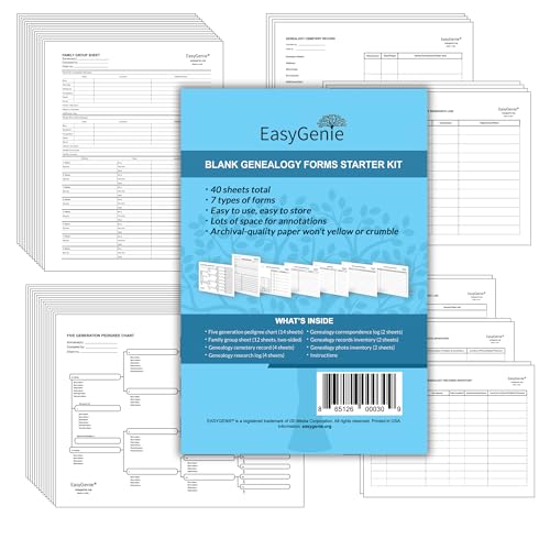 Blank Genealogy Forms Starter Kit (7 types/40 sheets) by EasyGenie