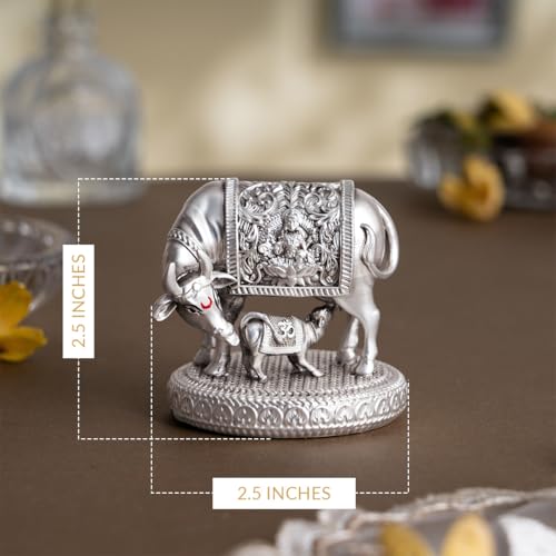 Image of Svastika 999 Silver Plated Kamdhenu Cow with Calf Idol | 2.5 Inch Kamadhenu Gomatha Vastu Showpiece | Kaamdhenu Idol for Puja | Anniversary Wedding Housewarming Gift