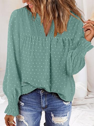BETTE BOUTIK Women Boho Long Sleeve Shirts Dressy Casual V Neck Fall Fashion Tops Swiss Dot Flowy Blouses