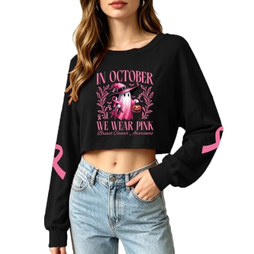 Womens Halloween Crop Long Sleeve Tshirt Fall Vintage Graphic Tee Loose Top - image 1