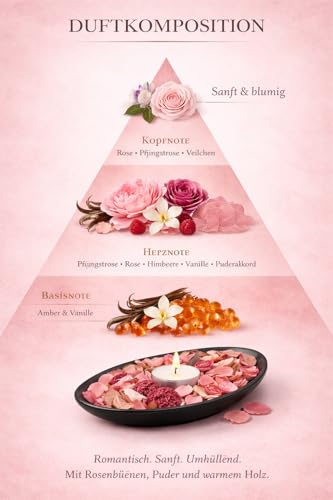 RaumWerk Premium Duft Potpourri Set Dusty Rose mit Schale & 3 Teelichtern – 60g Natur Potpourri – Elegante Dekoschale Schwarz – Floraler Raumduft für Wohnzimmer, Bad & Schlafzimmer – Geschenkidee