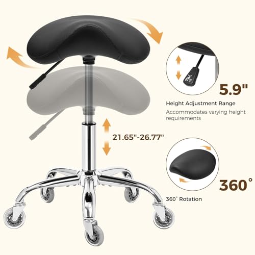 Image of BEWISHOME Ergonomic Saddle Stool, Height-Adjustable Rolling 360 Swivel Saddle Chair with Thickened Saddle Seat Padding, Saddle Stool with Wheels for Salons, Spas, Office, Black BMD02B