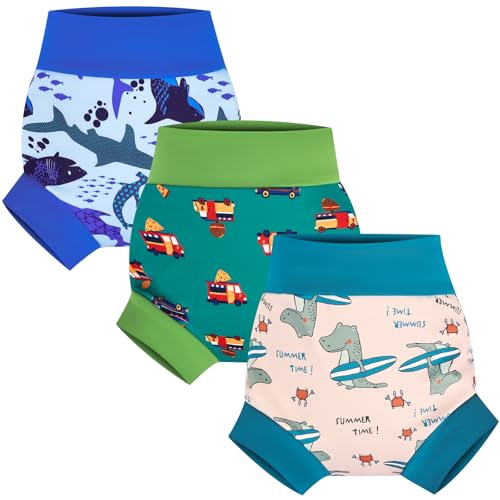 FLYISH DIRECT Reusable Swim Nappies, Baby Swimming Nappies for Boys and Girls, 3 Packs Reusable Swim Nappy 4-5 Years, Green Dino
