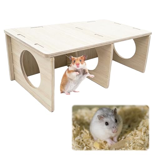 RARITYLL 3-Chamber Wooden Hamster Hideout, Hamster House Platform with Chew-Resistant Design, Durable Small Animal Shelter for Hamsters, Guinea Pigs, Rats Toys & Cage Accessories
