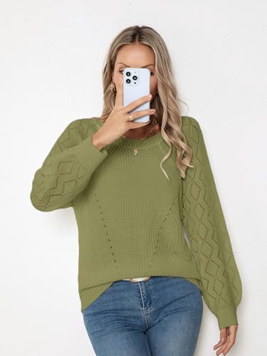 Image of Libsorge Womens Cute Crochet Knit Hollow Out Sweater Fall 2024 Lightweight Ribbed Crewneck Long Sleeve Pullover Top