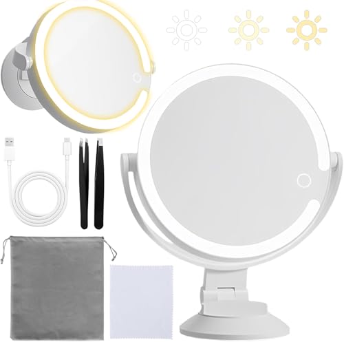 IGUGI Specchio Ingranditore 10x,Specchio Trucco con Luci,Ricaricabile,Rotazione a 360°,3 Colori di Luce LED,Luminosità Regolabile,Ventosa Potente,Pinzette per Vanità Del Bagno e Viaggio