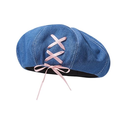 Womens Sweet Lolita Denim Beret Hat Cute Bowknot Artist Painter Hat Solid Color French Beret Cap Casual Beanie Hat (US, Alpha, One Size, Blue)